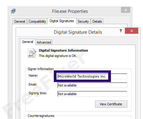 Screenshot of the MicroWorld Technologies Inc. certificate